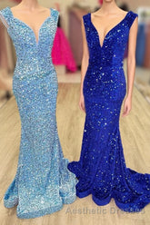 Blue Sequin V-Neck Lace-Up Mermaid Long Formal Dresses